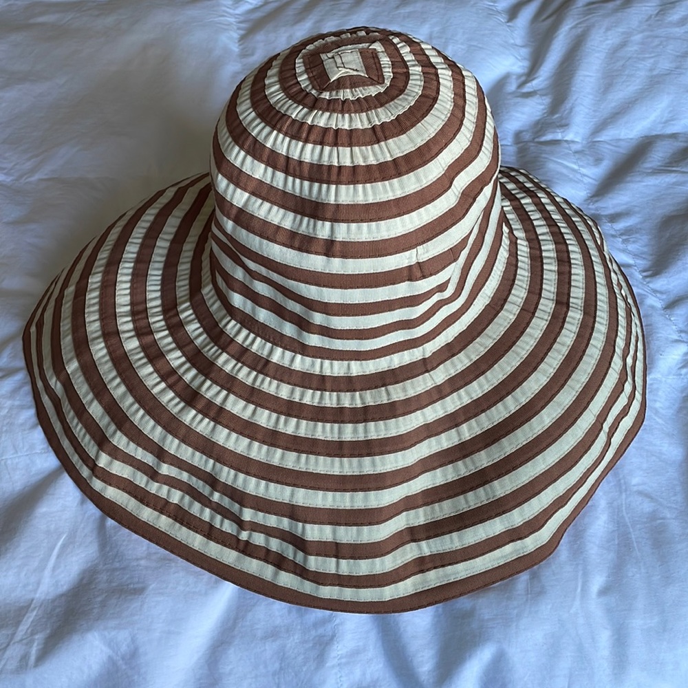 Cream and light brown striped sun hat by San Francisco Hat - protective & cute!